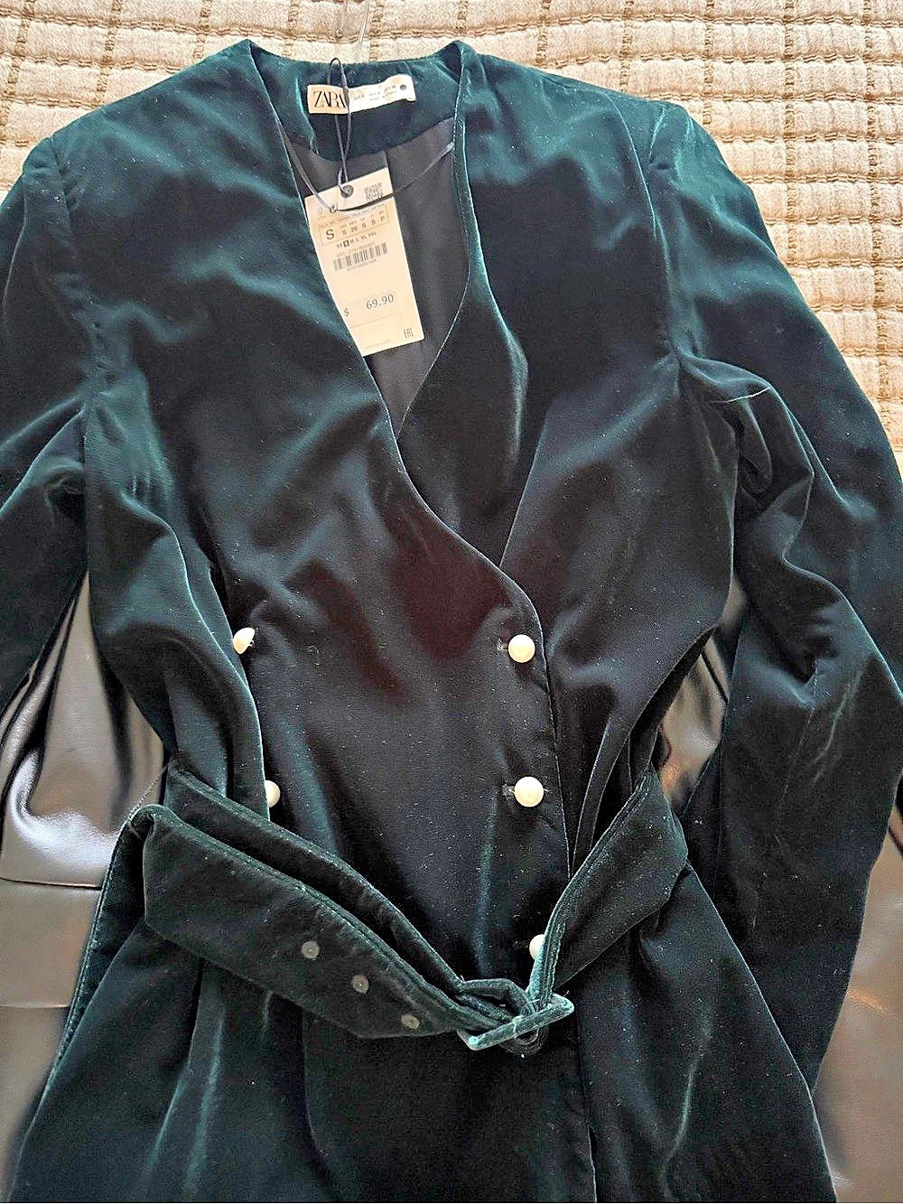 Zara Dark Green Velvet Blazer Dress with Faux Pearl Buttons Black Small